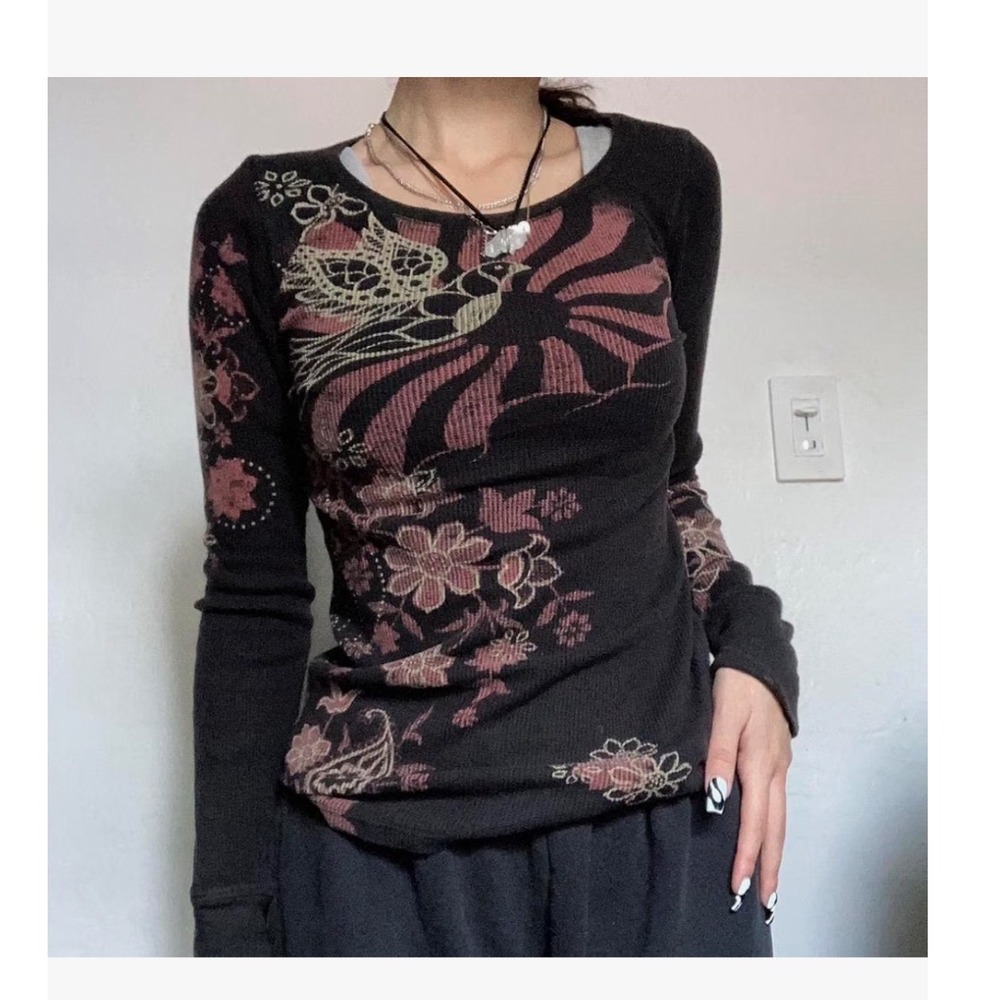 NEW Lucakuins Graphic Tee Women MED Black Y2K Fairy Grunge Floral Bird Top